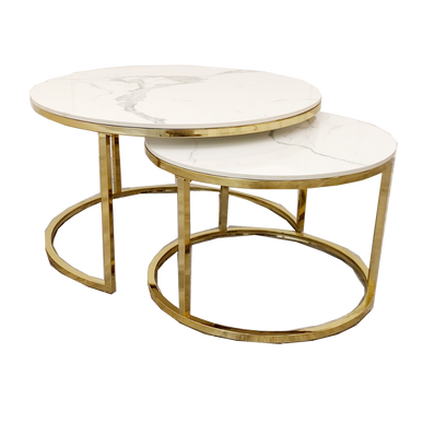 Cato Nest of 2 Round Coffee Gold Tables with Polar White Sintered Stone Tops