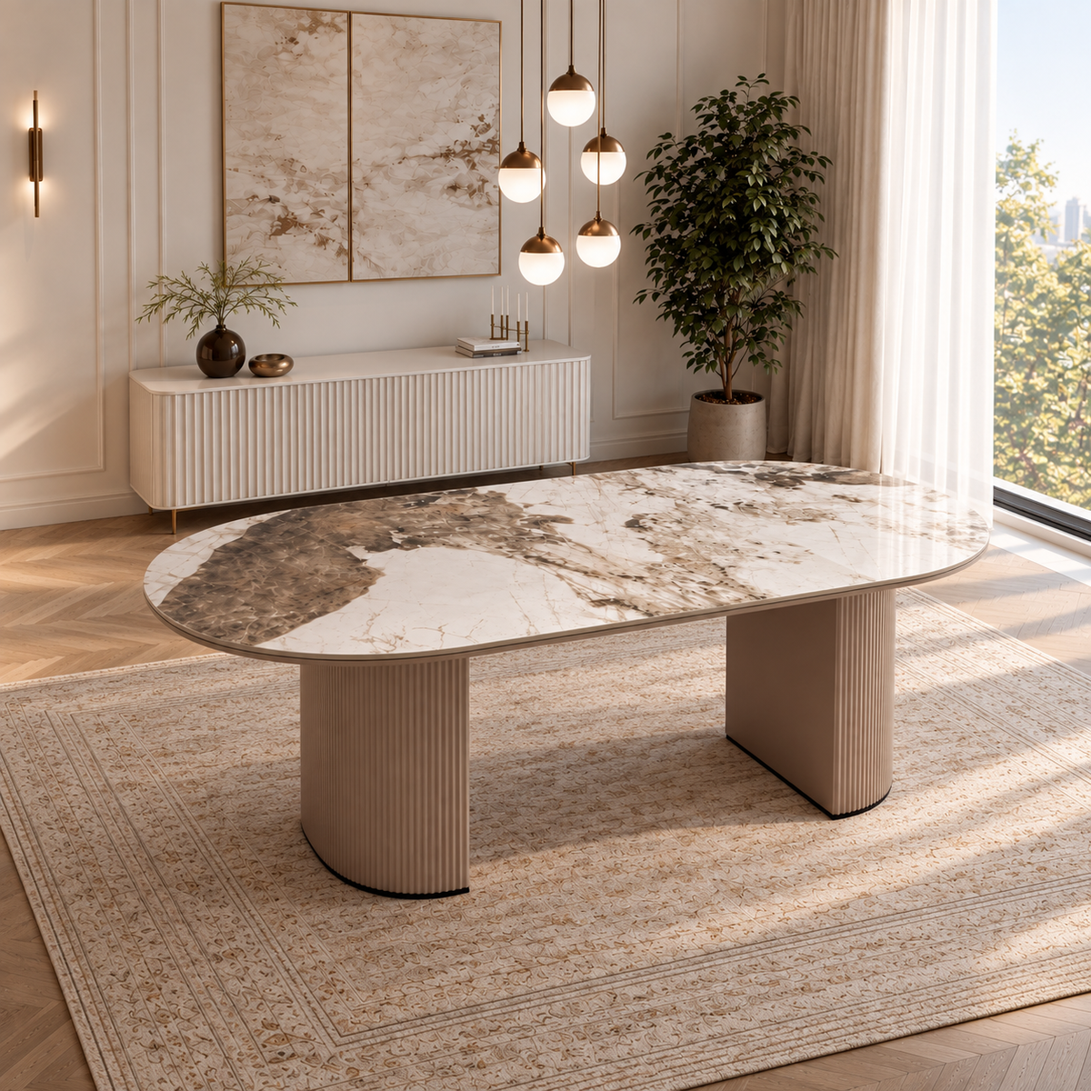 Slatted dining table beige base