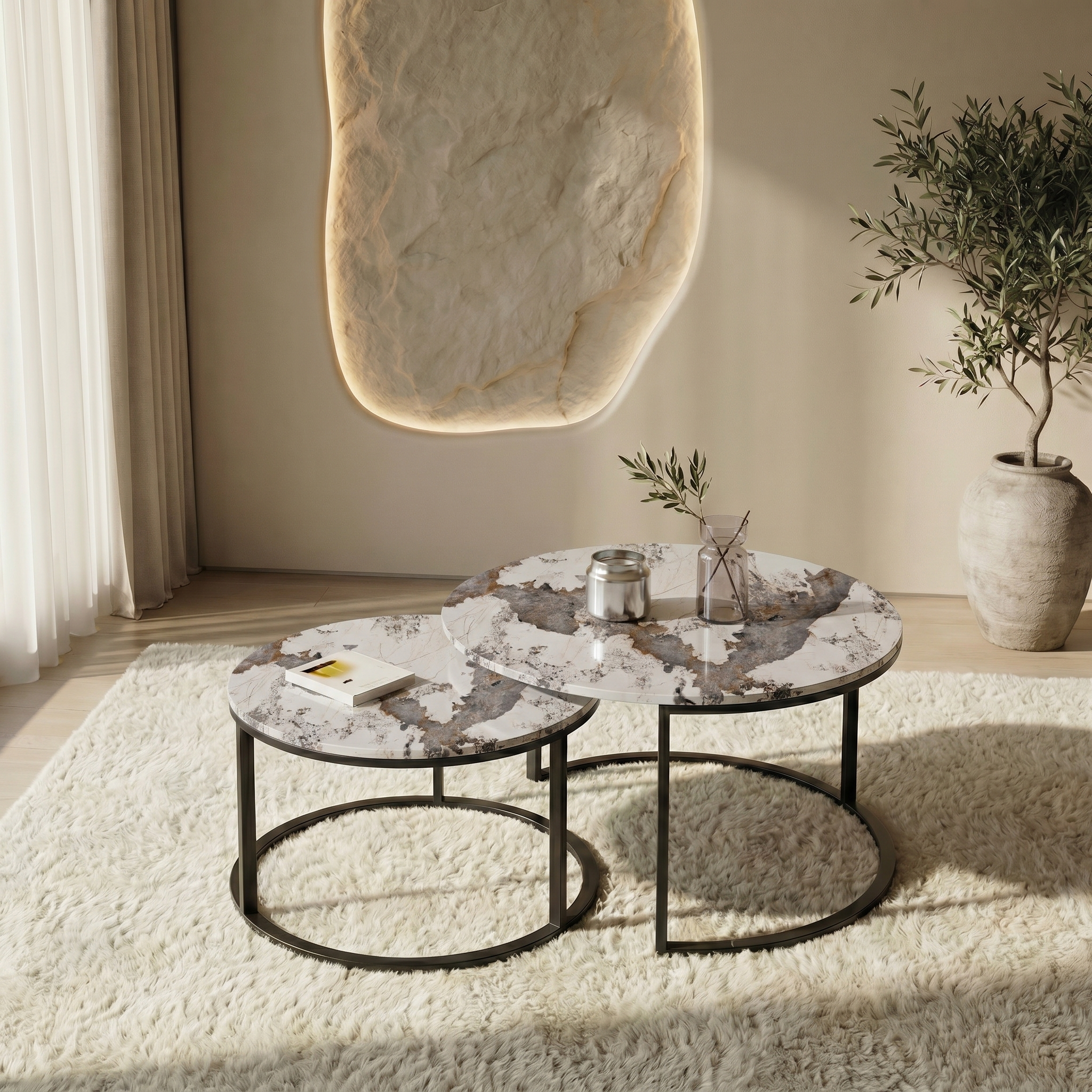 Two Marble-Effect Stacking Tables