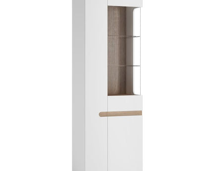 Chelsea Living Tall Glazed Narrow Display Unit (LHD) in White with a Truffle Oak Trim