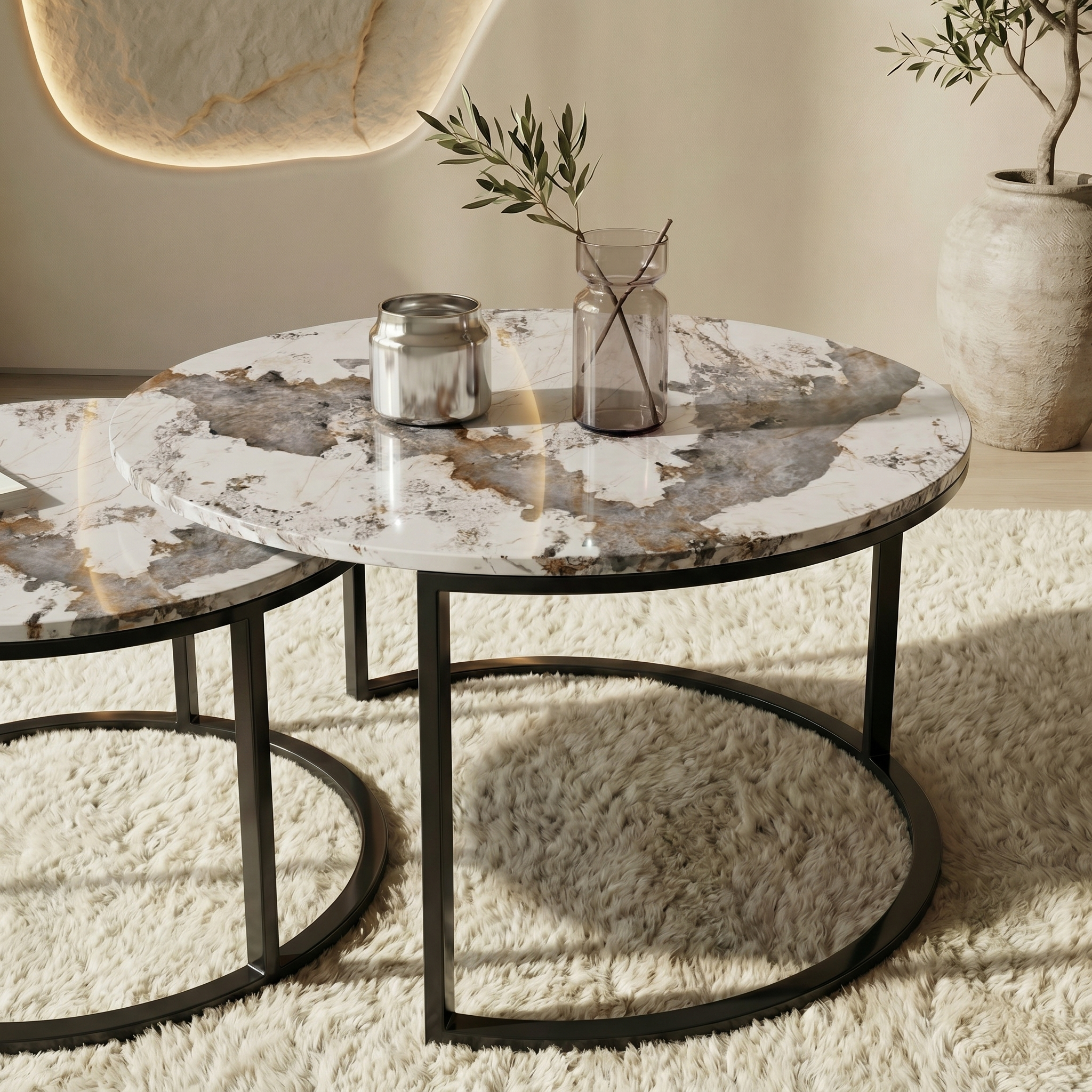 Two Marble-Effect Stacking Tables