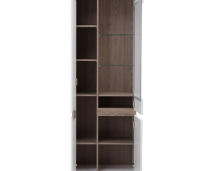 Chelsea Living Tall Glazed Narrow Display Unit (LHD) in White with a Truffle Oak Trim