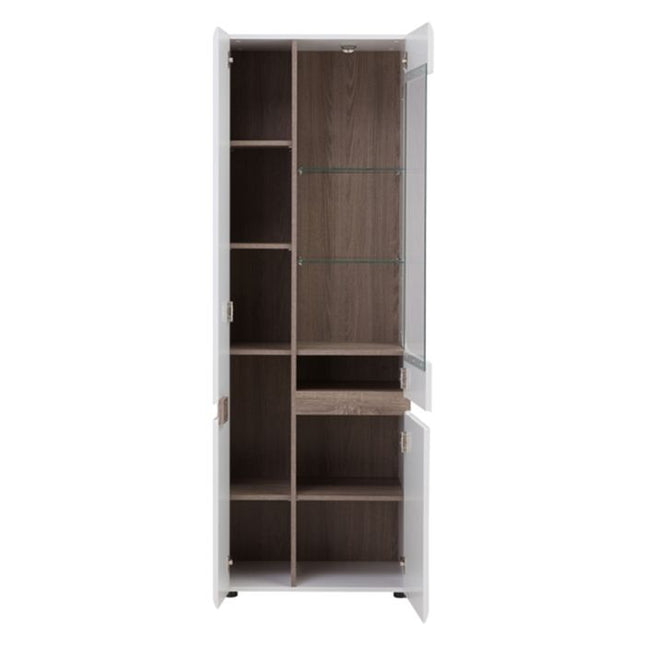 Chelsea Living Tall Glazed Narrow Display Unit (LHD) in White with a Truffle Oak Trim