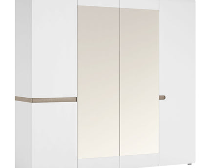 Chelsea Bedroom 4 Door Wardrobe with Mirrors in White with a Truffle Oak Trim