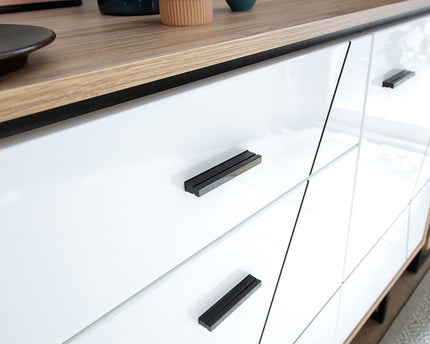 Brolo 3 Door 1 Drawer Wide Sideboard With the Walnut and Dark Panel Finish