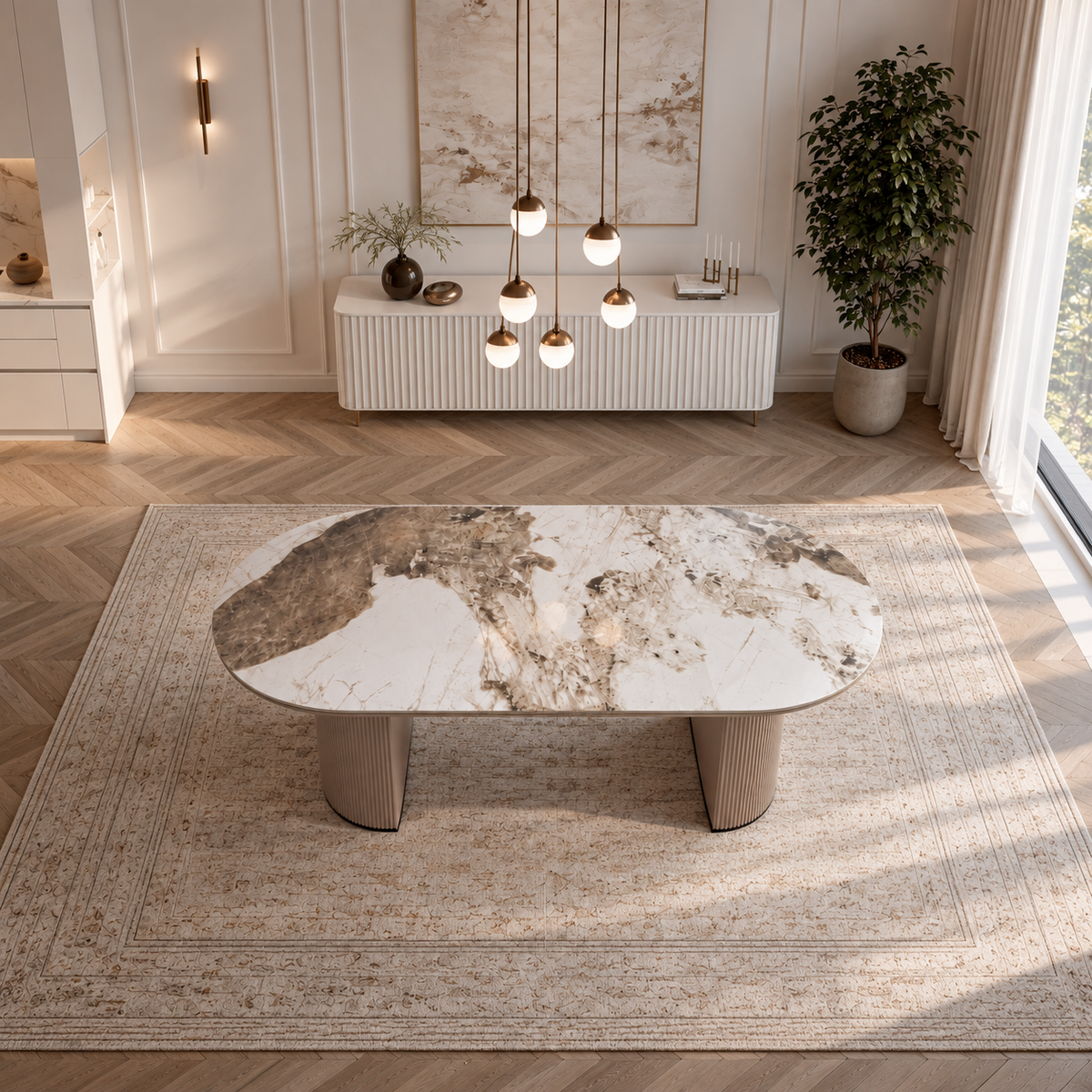 Slatted dining table beige base