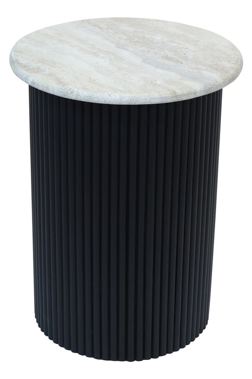 Walton Travertine Top Side Table with Black Acacia Wood Base