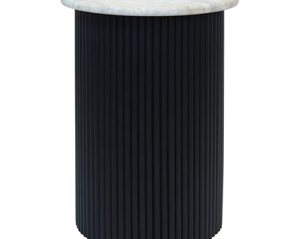 Walton Travertine Top Side Table with Black Acacia Wood Base