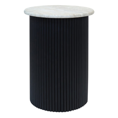 Walton Travertine Top Side Table with Black Acacia Wood Base