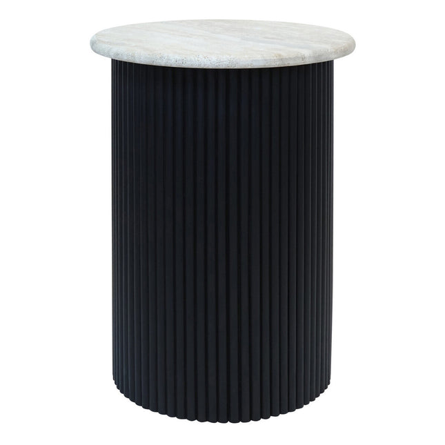 Walton Travertine Top Side Table with Black Acacia Wood Base