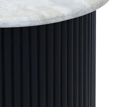 Walton Travertine Top Side Table with Black Acacia Wood Base