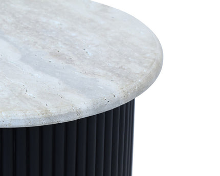 Walton Travertine Top Side Table with Black Acacia Wood Base