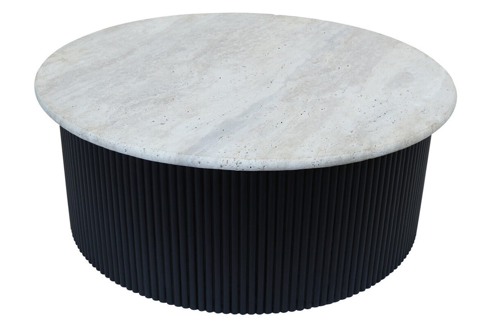 Walton Travertine Top Coffee Table with Black Acacia Wood Base