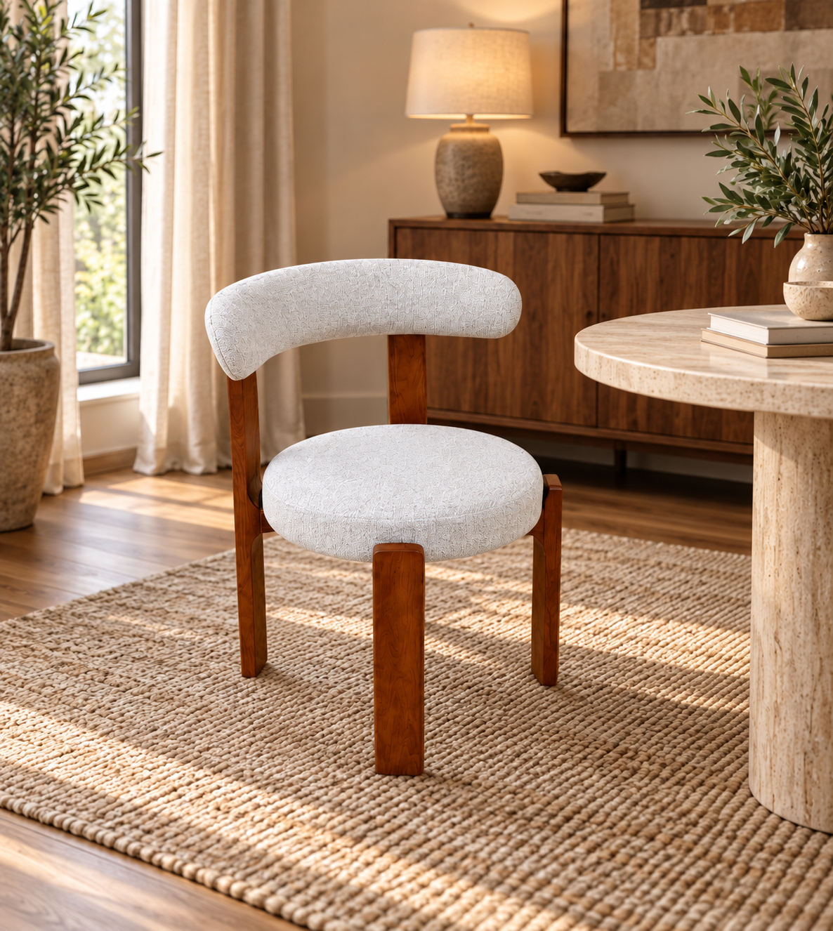 Dining chair -light grey teddy bear fabric with walnut base