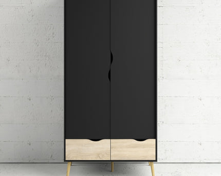 Oslo Wardrobe 2 Doors 2 Drawers in Black and Oak