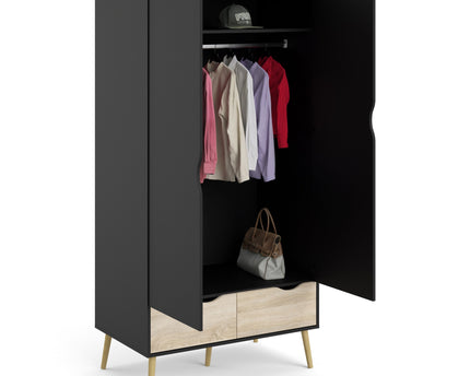 Oslo Wardrobe 2 Doors 2 Drawers in Black and Oak