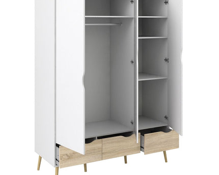 Oslo Wardrobe 3 Doors 3 Drawers in White and Oak