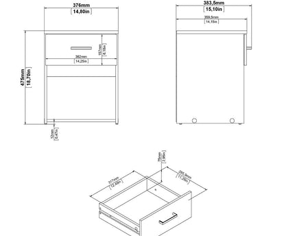 Space Package - Bedside 1 Drawer + Chest of 3 Drawers + Wardrobe with 2 doors + 1 drawer in White