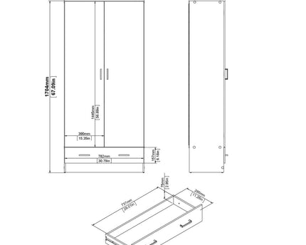 Space Wardrobe with 2 Doors + 1 Drawer in White 1750