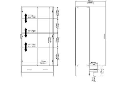 Space Wardrobe with 2 Doors + 1 Drawer in White 1750