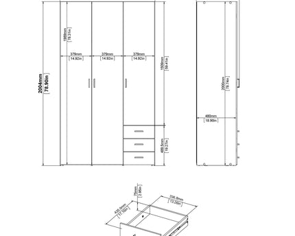 Space Wardrobe 3 Doors 3 Drawers in White 2000