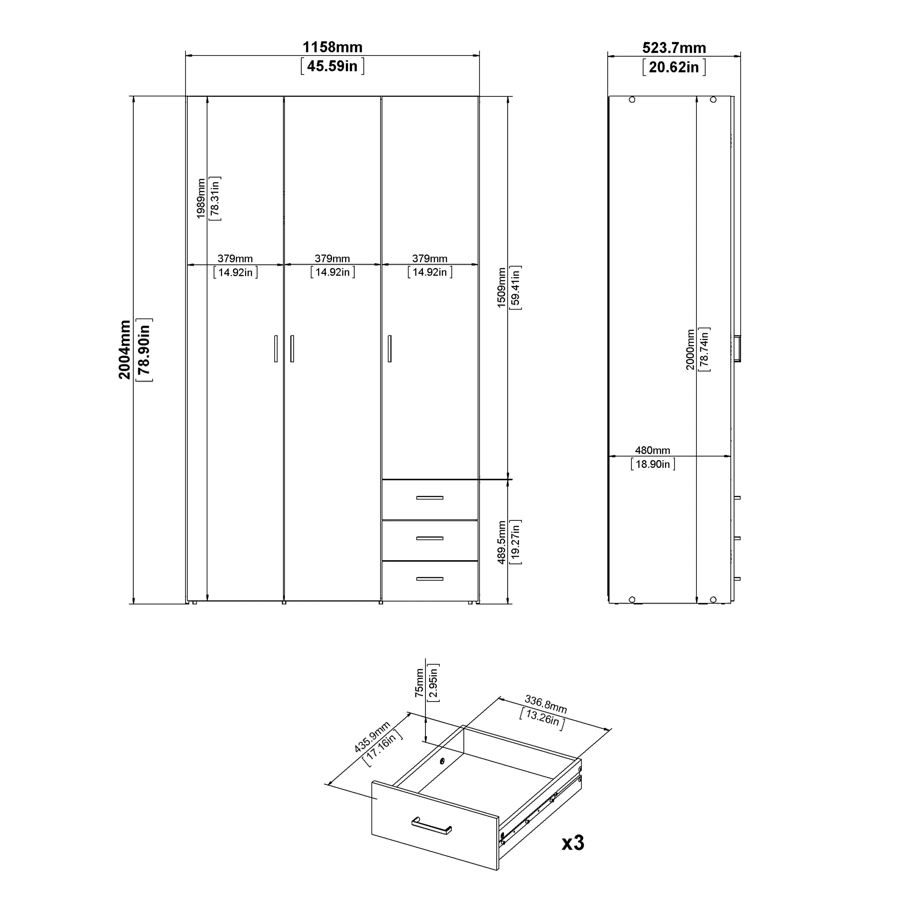 Space Wardrobe - 3 Doors 3 Drawers in White 2000