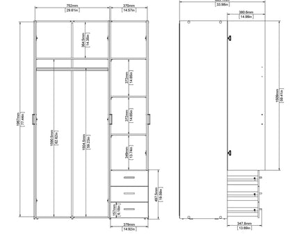 Space Wardrobe 3 Doors 3 Drawers in White 2000