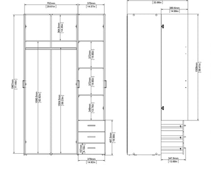 Space Wardrobe 3 Doors 3 Drawers in Oak 2000