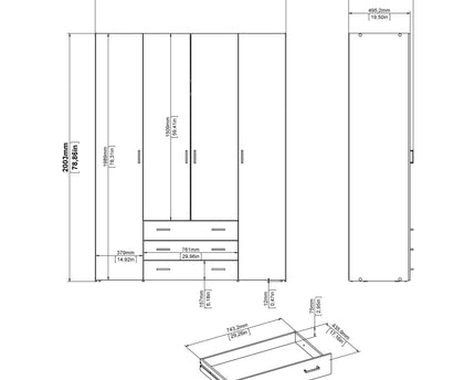 Space Wardrobe 4 Doors 3 Drawers in White 2000