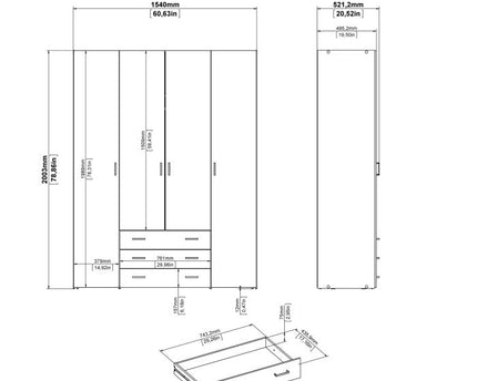 Space Wardrobe 3 Doors 3 Drawers in White 2000