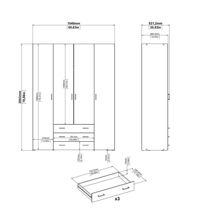 Space Wardrobe 3 Doors 3 Drawers in White 2000