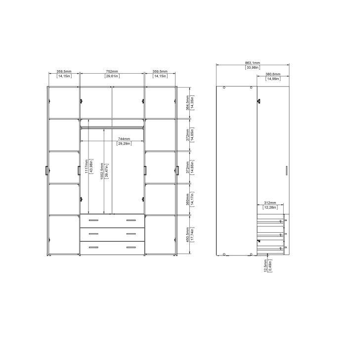 Space Wardrobe 3 Doors 3 Drawers in White 2000
