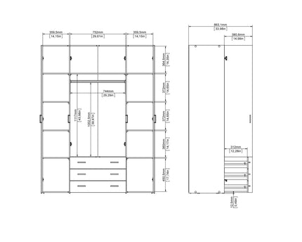 Space Wardrobe - 4 Doors 3 Drawers in Oak 2000