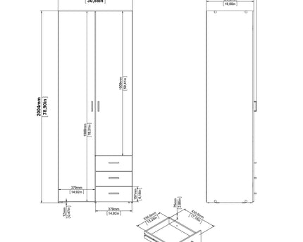 Space Wardrobe 2 Doors 3 Drawers in White 2000