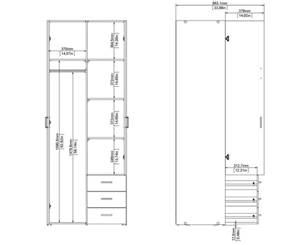 Space Wardrobe 2 Doors 3 Drawers in White 2000