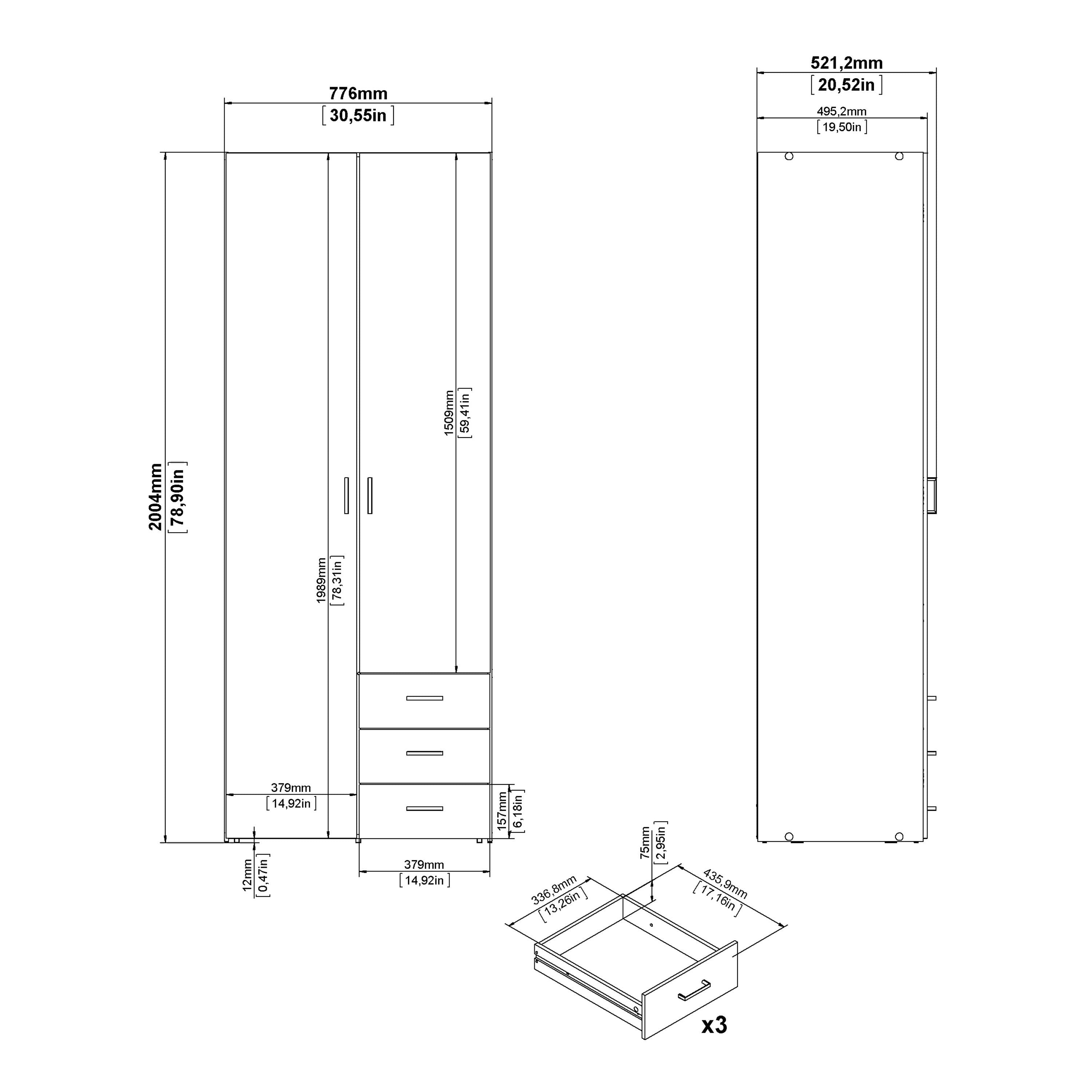 Space Wardrobe - 2 Doors 3 Drawers in Oak 2000