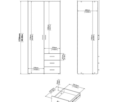 Space Wardrobe 2 Doors 3 Drawers White 1750