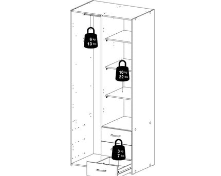 Space Wardrobe 2 Doors 3 Drawers White 1750