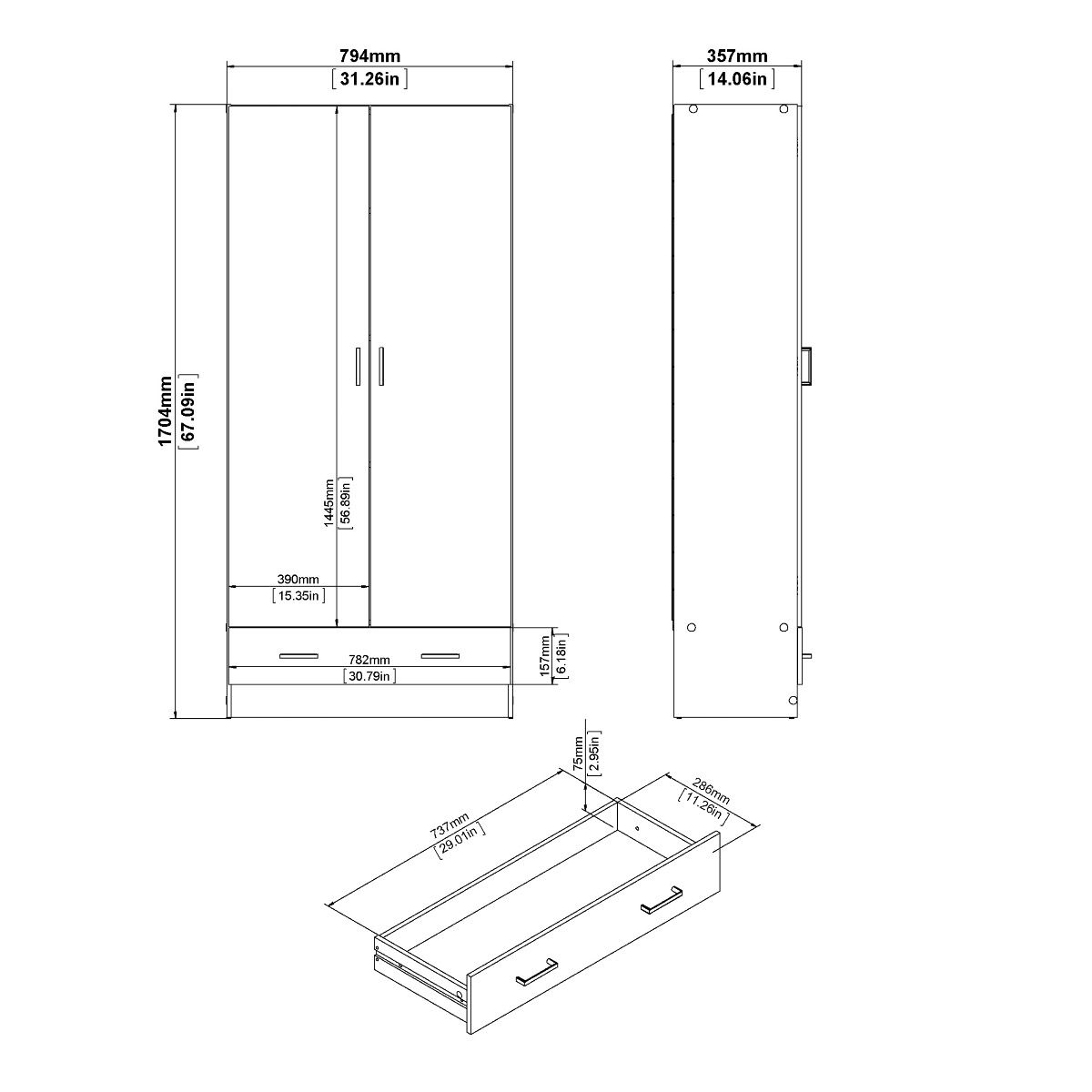 Space Package - Bedside 1 Drawer + Chest of 3 Drawers + Wardrobe with 2 doors + 1 drawer in Oak