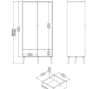 Cumbria Wardrobe with 2 Doors + 2 Drawers Dark Grey