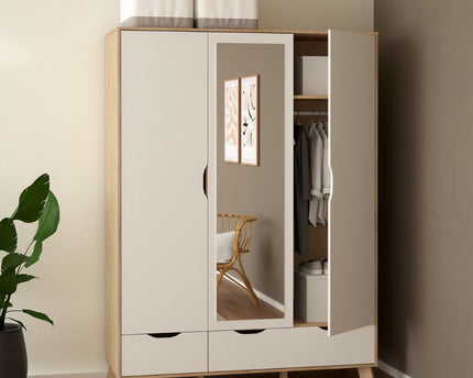 Ikast Wardrobe 3 Doors 2 Drawers with Mirror in Jackson Hickory and White