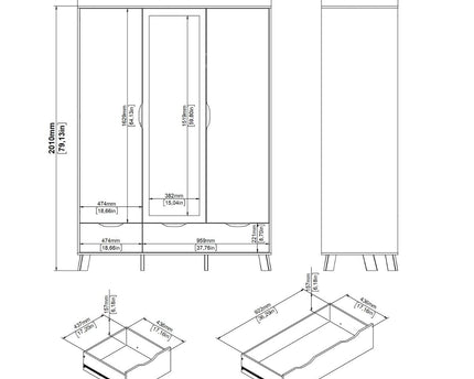 Ikast Wardrobe 3 Doors 2 Drawers with Mirror in Jackson Hickory and White