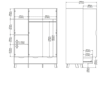 Ikast Wardrobe 3 Doors 2 Drawers with Mirror in Jackson Hickory and White