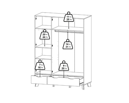 Ikast Wardrobe 3 Doors 2 Drawers with Mirror in Jackson Hickory and White