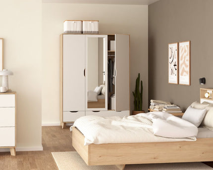 Ikast Wardrobe 3 Doors 2 Drawers with Mirror in Jackson Hickory and White