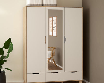 Ikast Wardrobe 3 Doors 2 Drawers with Mirror in Jackson Hickory and White
