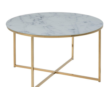 Alisma Round Coffee Table with White Marble Effect Glass Top & Gold Legs