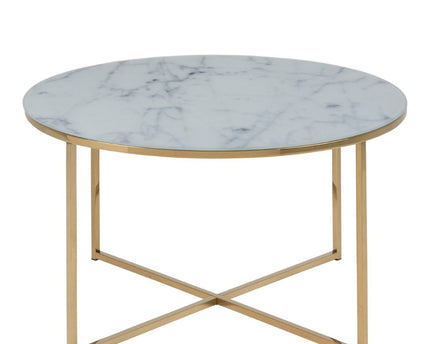 Alisma Round Coffee Table with White Marble Effect Glass Top & Gold Legs