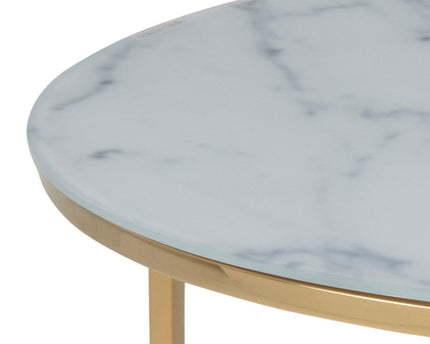 Alisma Round Coffee Table with White Marble Effect Glass Top & Gold Legs