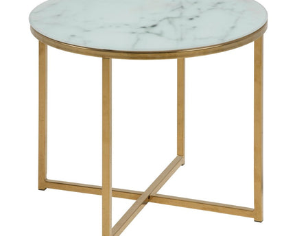 Alisma Round Side Table with White Crystal Clear Marble Glass Top & Gold Legs